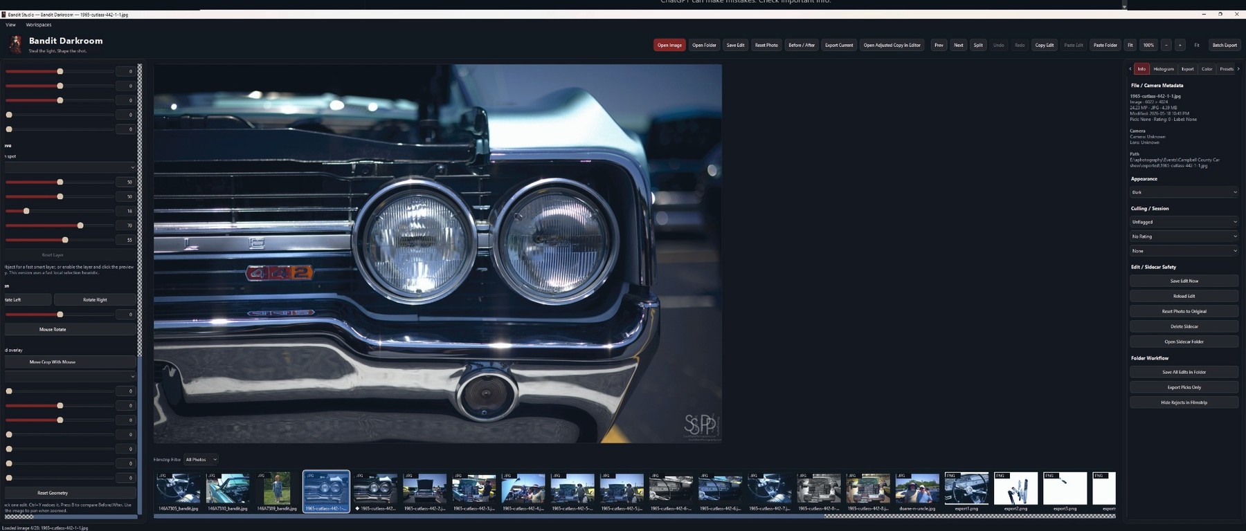 Bandit DarkRoom running as a desktop photo-editing application with a large photo preview, filmstrip, controls, and export tools.